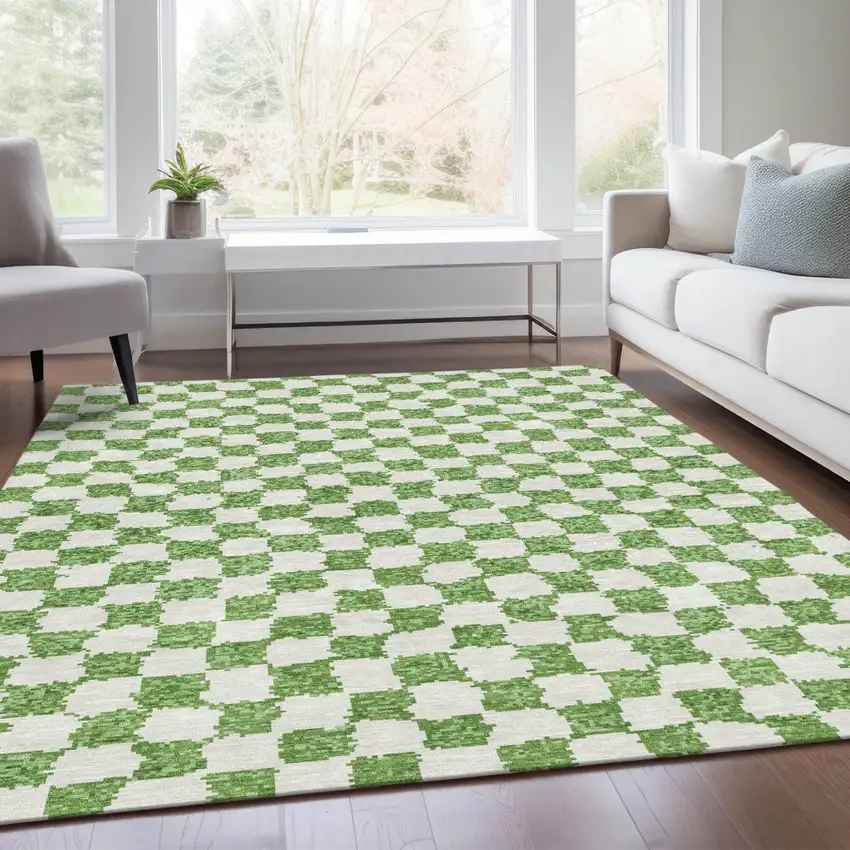 Green And Ivory Geometric Washable Indoor Outdoor Area Rug Photo 7