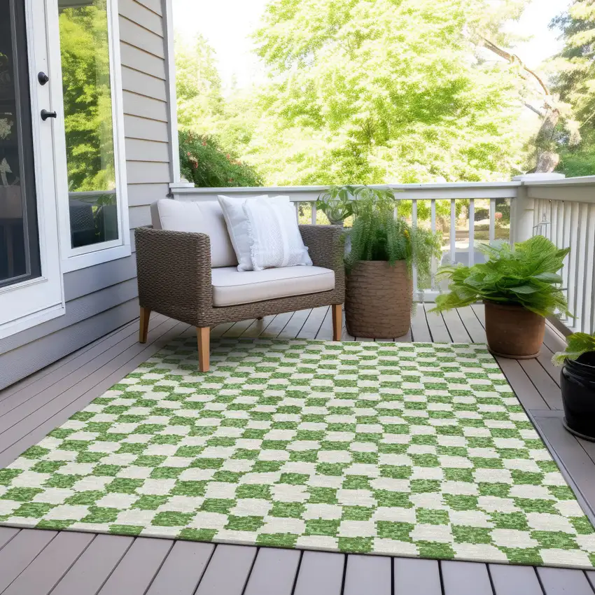 Green And Ivory Geometric Washable Indoor Outdoor Area Rug Photo 8