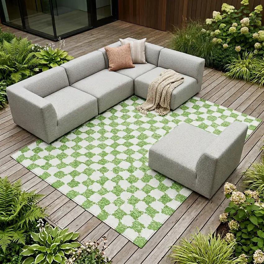 Green And Ivory Geometric Washable Indoor Outdoor Area Rug Photo 1