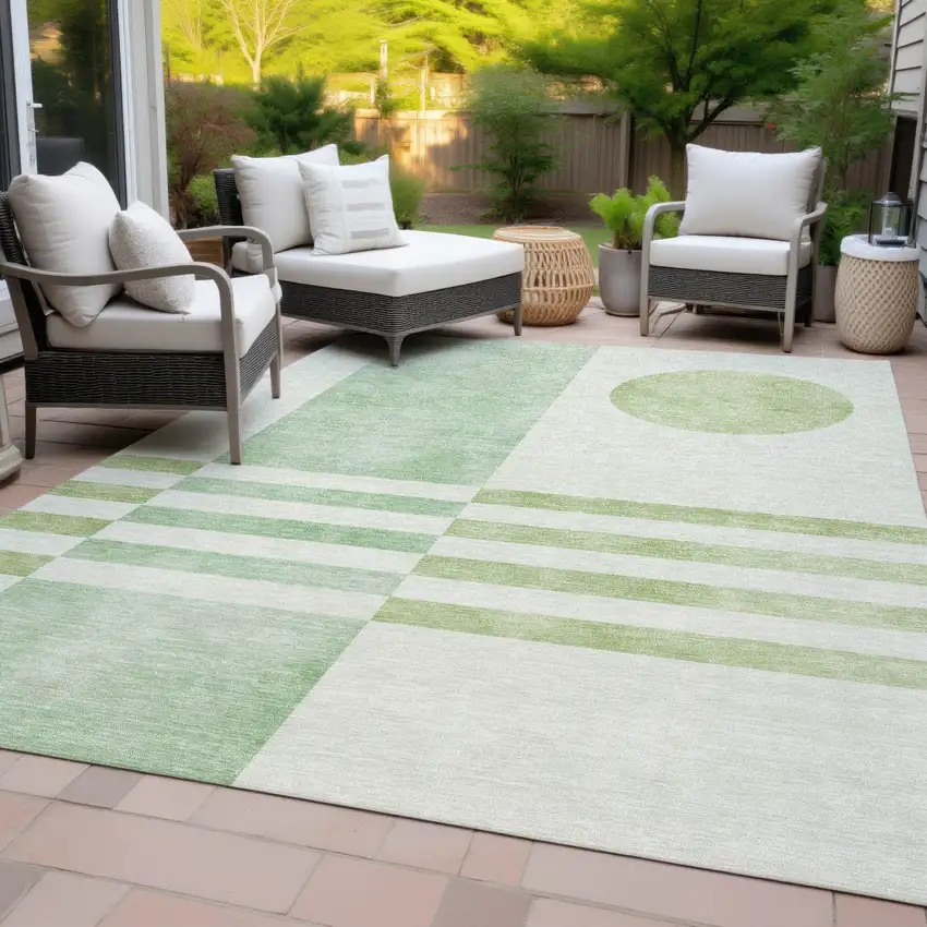 Green And Ivory Geometric Washable Indoor Outdoor Area Rug Photo 8