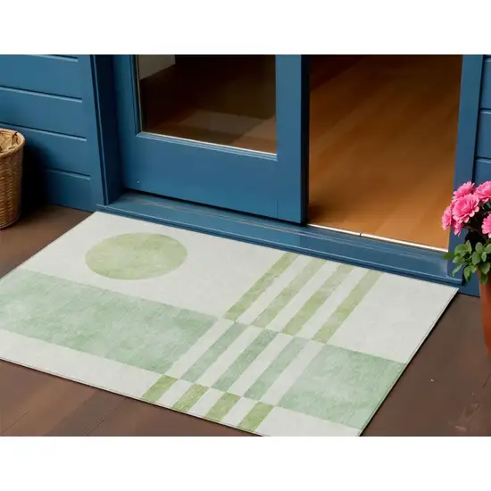 Green And Ivory Geometric Washable Indoor Outdoor Area Rug Photo 2
