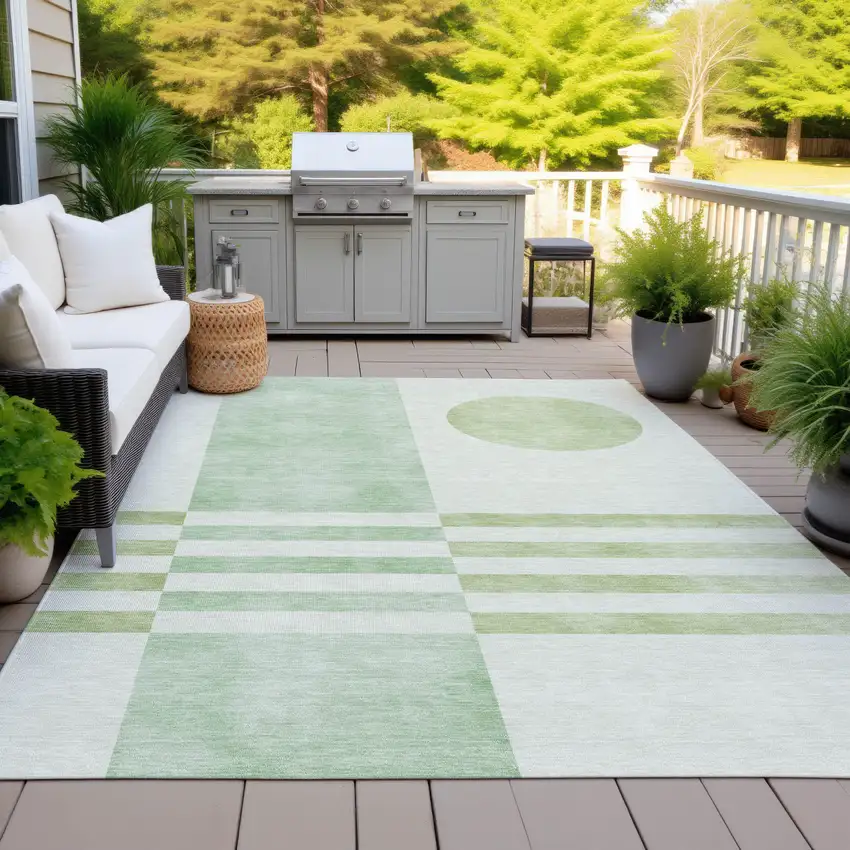 Green And Ivory Geometric Washable Indoor Outdoor Area Rug Photo 6