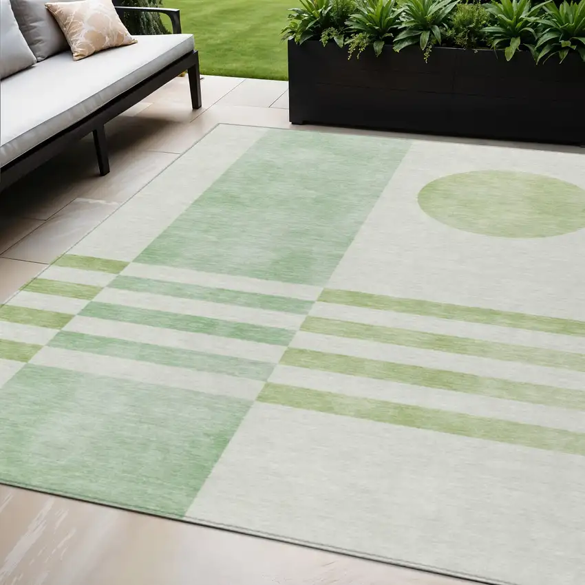 Green And Ivory Geometric Washable Indoor Outdoor Area Rug Photo 2
