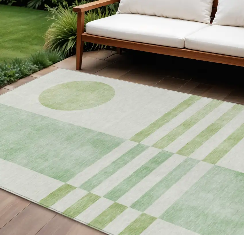 Green And Ivory Geometric Washable Indoor Outdoor Area Rug Photo 2