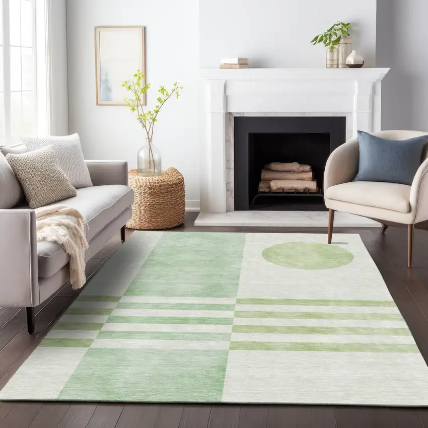 Green And Ivory Geometric Washable Indoor Outdoor Area Rug Photo 8