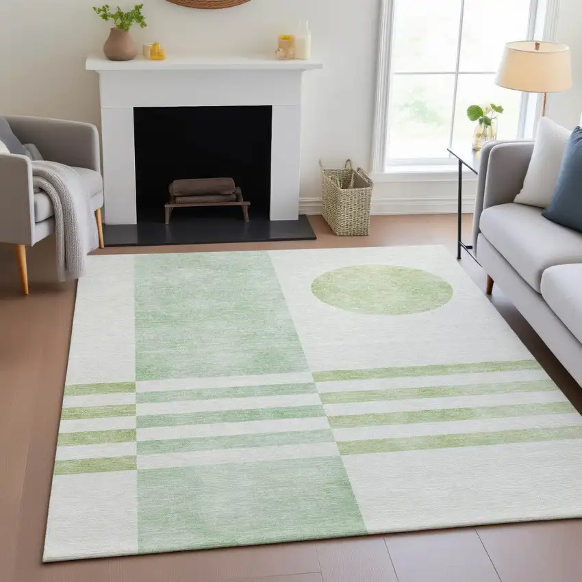 Green And Ivory Geometric Washable Indoor Outdoor Area Rug Photo 6