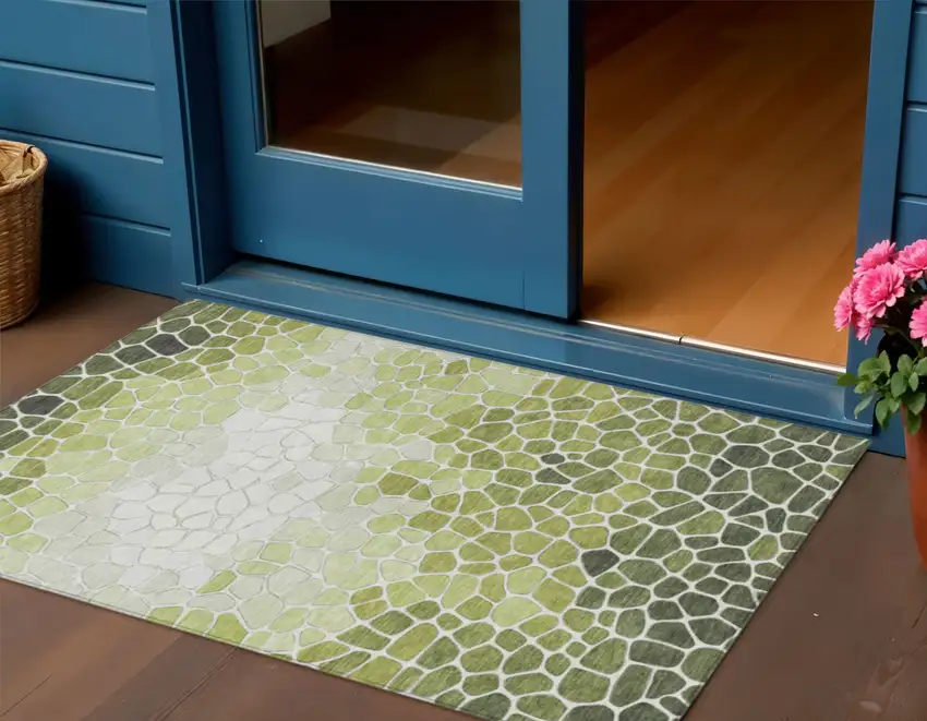 Green And Ivory Geometric Washable Indoor Outdoor Area Rug Photo 2