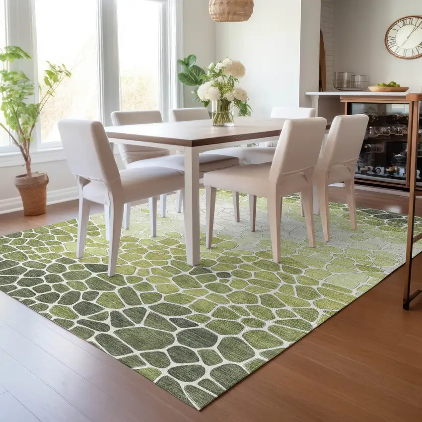Green And Ivory Geometric Washable Indoor Outdoor Area Rug Photo 7