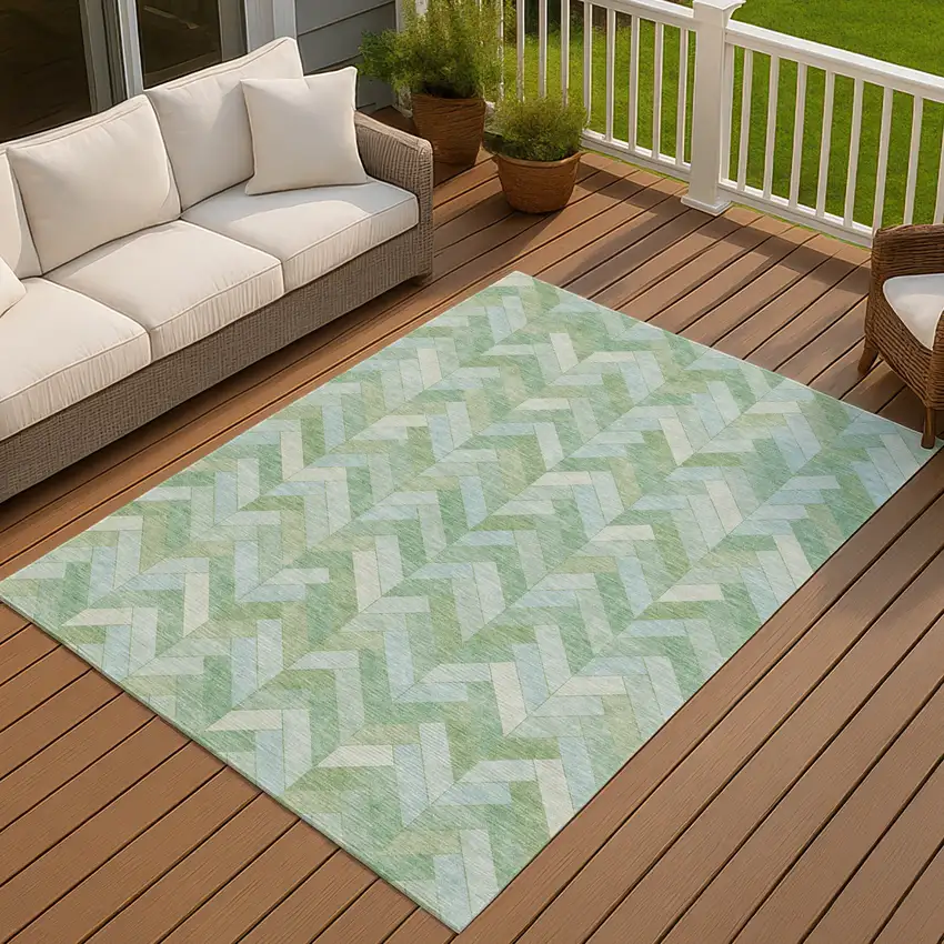 Green And Ivory Geometric Washable Indoor Outdoor Area Rug Photo 7
