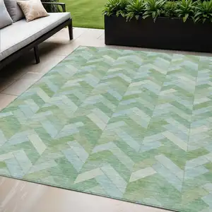 Photo of Green And Ivory Geometric Washable Indoor Outdoor Area Rug