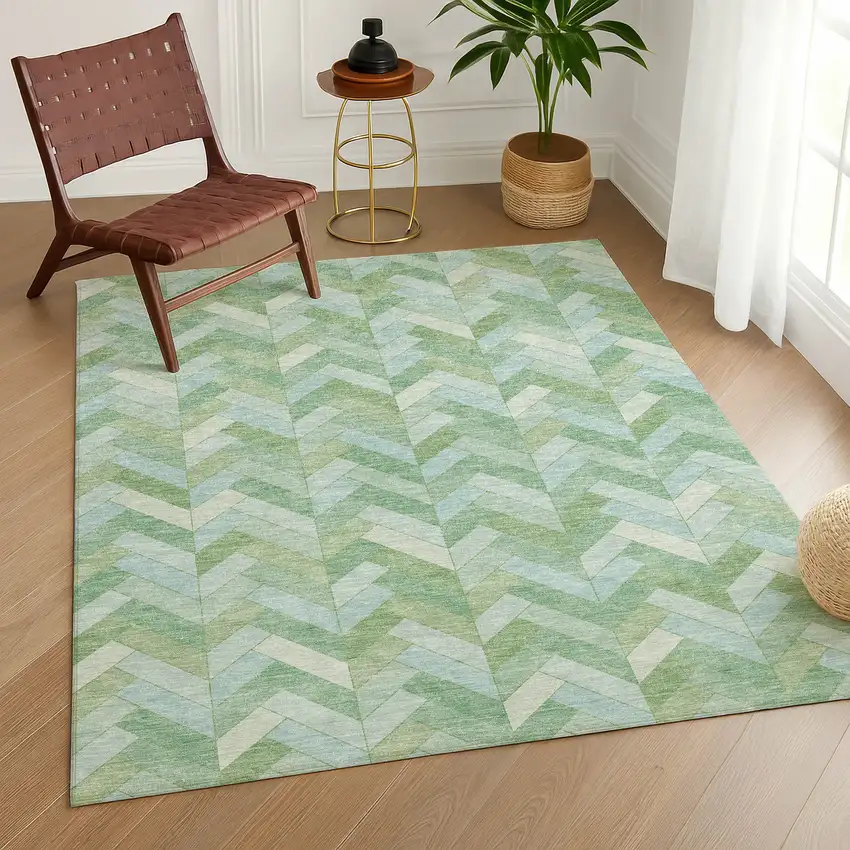 Green And Ivory Geometric Washable Indoor Outdoor Area Rug Photo 9