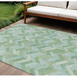 Photo of Green And Ivory Geometric Washable Indoor Outdoor Area Rug