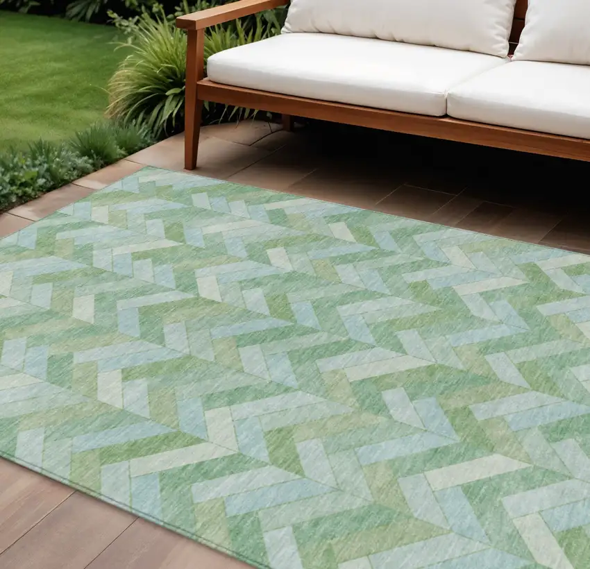 Green And Ivory Geometric Washable Indoor Outdoor Area Rug Photo 1
