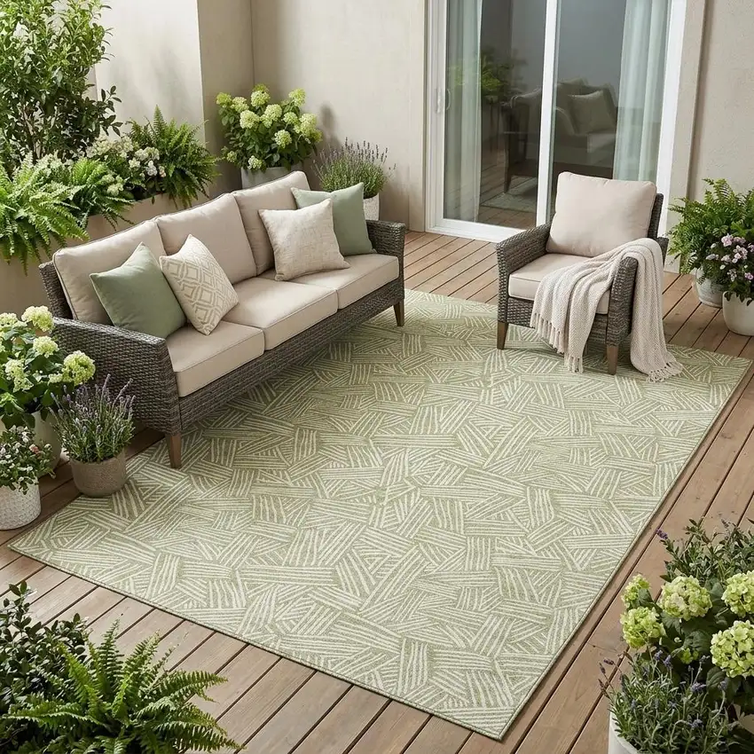 Green And Ivory Geometric Washable Indoor Outdoor Area Rug Photo 1