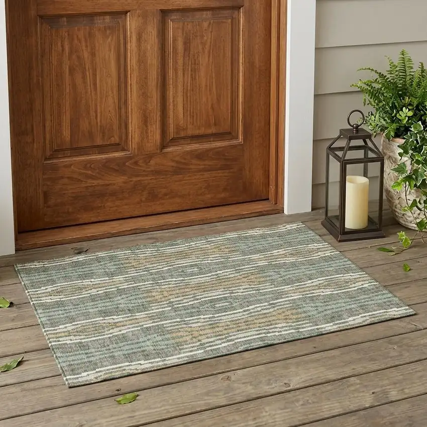 Green And Ivory Geometric Washable Indoor Outdoor Area Rug Photo 1