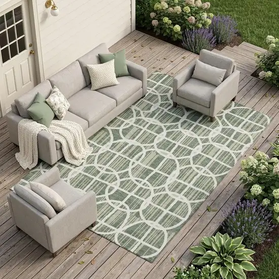 Green And Ivory Geometric Washable Indoor Outdoor Area Rug Photo 1