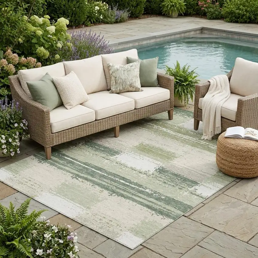 Green And Ivory Geometric Washable Indoor Outdoor Area Rug Photo 1