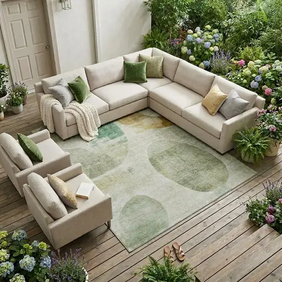 Green And Ivory Geometric Washable Indoor Outdoor Area Rug Photo 1