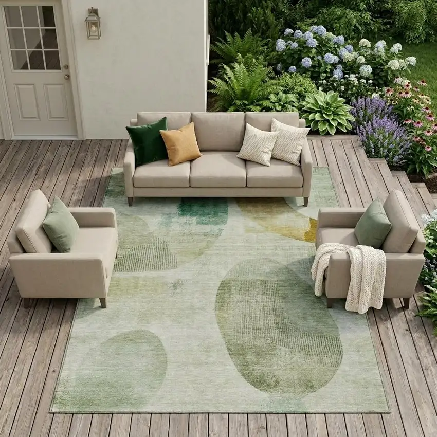 Green And Ivory Geometric Washable Indoor Outdoor Area Rug Photo 1