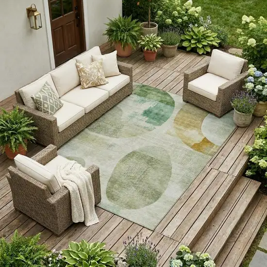 Green And Ivory Geometric Washable Indoor Outdoor Area Rug Photo 1