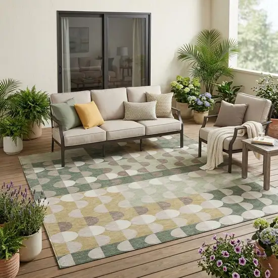 Green And Ivory Geometric Washable Indoor Outdoor Area Rug Photo 1