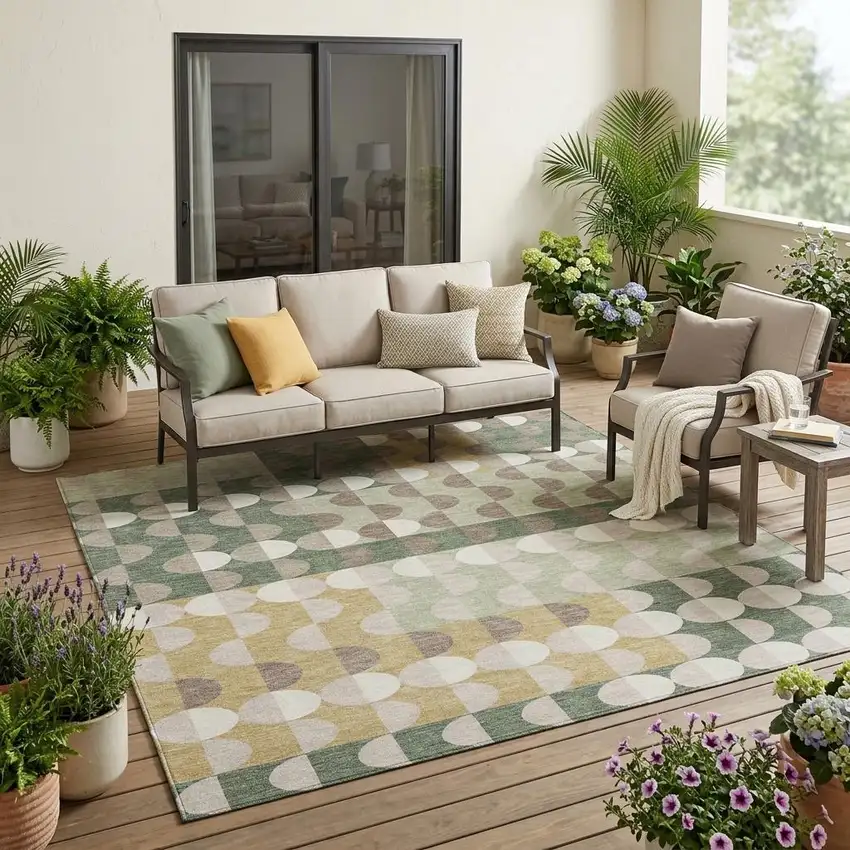 Green And Ivory Geometric Washable Indoor Outdoor Area Rug Photo 1