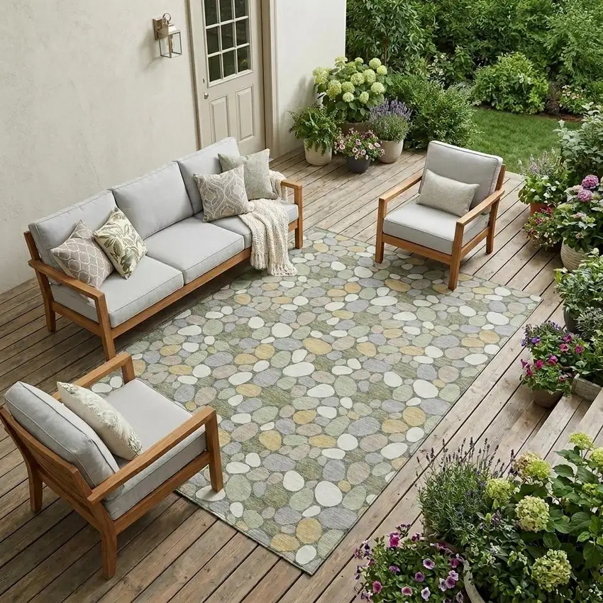 Green And Ivory Geometric Washable Indoor Outdoor Area Rug Photo 1