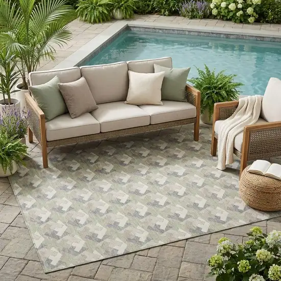 Green And Ivory Geometric Washable Indoor Outdoor Area Rug Photo 1