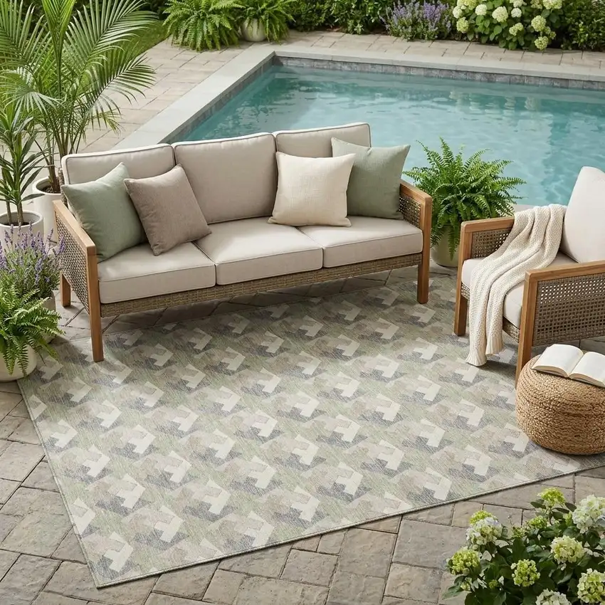 Green And Ivory Geometric Washable Indoor Outdoor Area Rug Photo 1