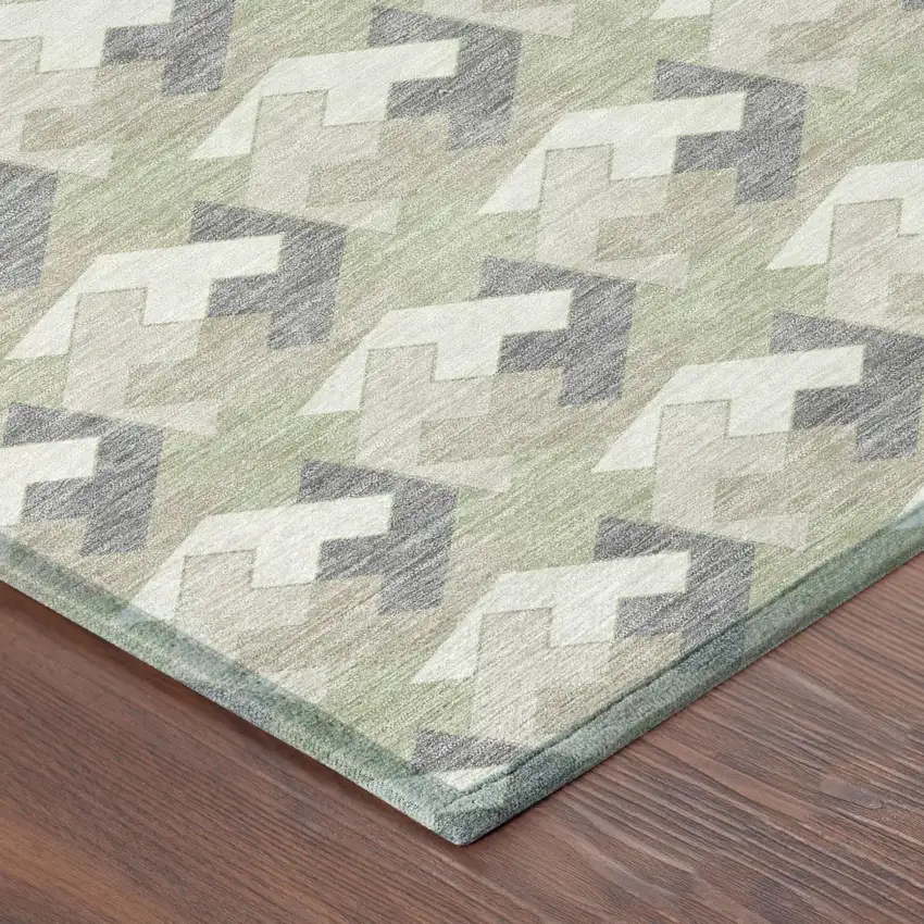 Green And Ivory Geometric Washable Indoor Outdoor Area Rug Photo 3