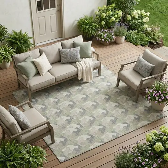 Green And Ivory Geometric Washable Indoor Outdoor Area Rug Photo 1