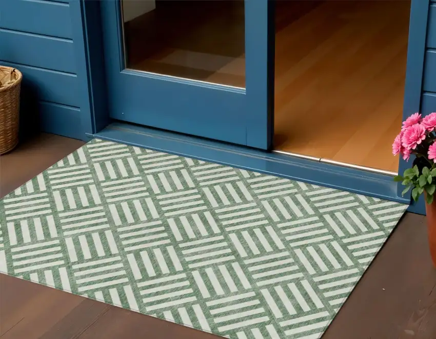 Green And Ivory Geometric Washable Indoor Outdoor Area Rug Photo 1