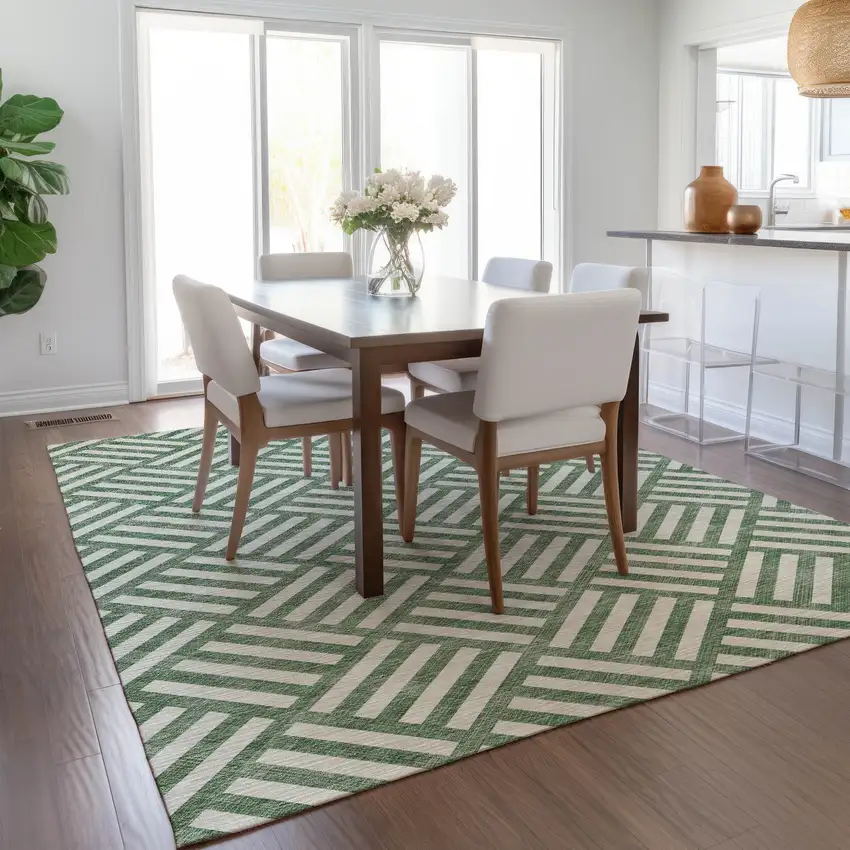Green And Ivory Geometric Washable Indoor Outdoor Area Rug Photo 9