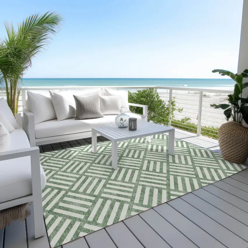 Green And Ivory Geometric Washable Indoor Outdoor Area Rug Photo 9