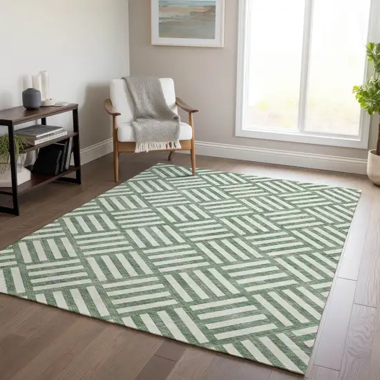 Green And Ivory Geometric Washable Indoor Outdoor Area Rug Photo 8