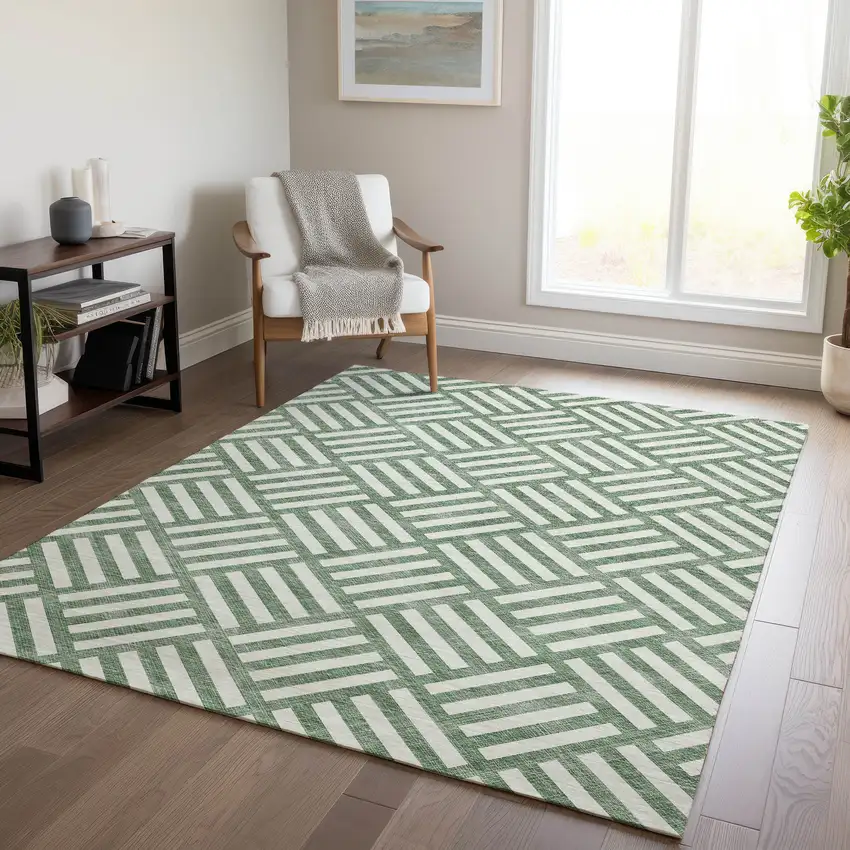 Green And Ivory Geometric Washable Indoor Outdoor Area Rug Photo 8