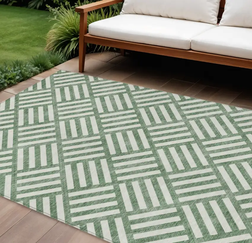 Green And Ivory Geometric Washable Indoor Outdoor Area Rug Photo 1