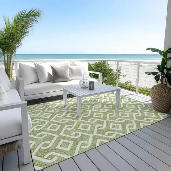 Green And Ivory Geometric Washable Indoor Outdoor Area Rug Photo 6