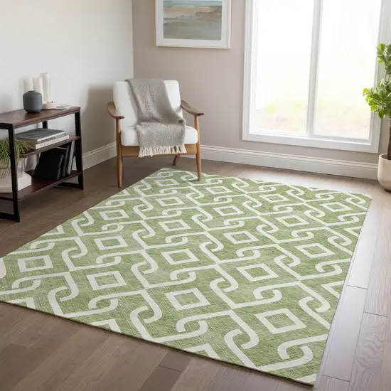 Green And Ivory Geometric Washable Indoor Outdoor Area Rug Photo 7