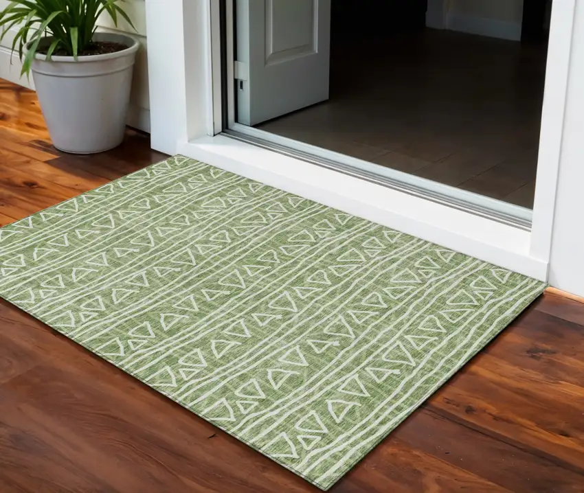 Green And Ivory Geometric Washable Indoor Outdoor Area Rug Photo 1