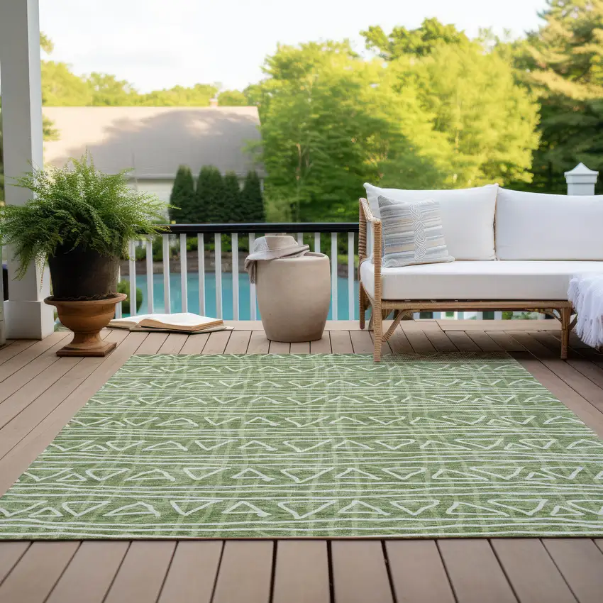 Green And Ivory Geometric Washable Indoor Outdoor Area Rug Photo 9