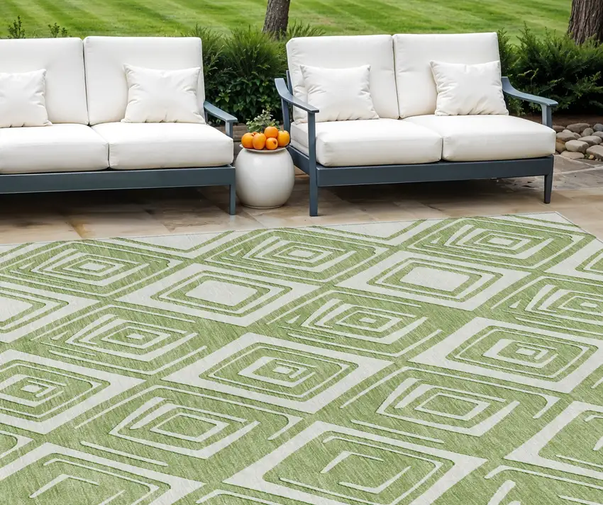 Green And Ivory Geometric Washable Indoor Outdoor Area Rug Photo 1