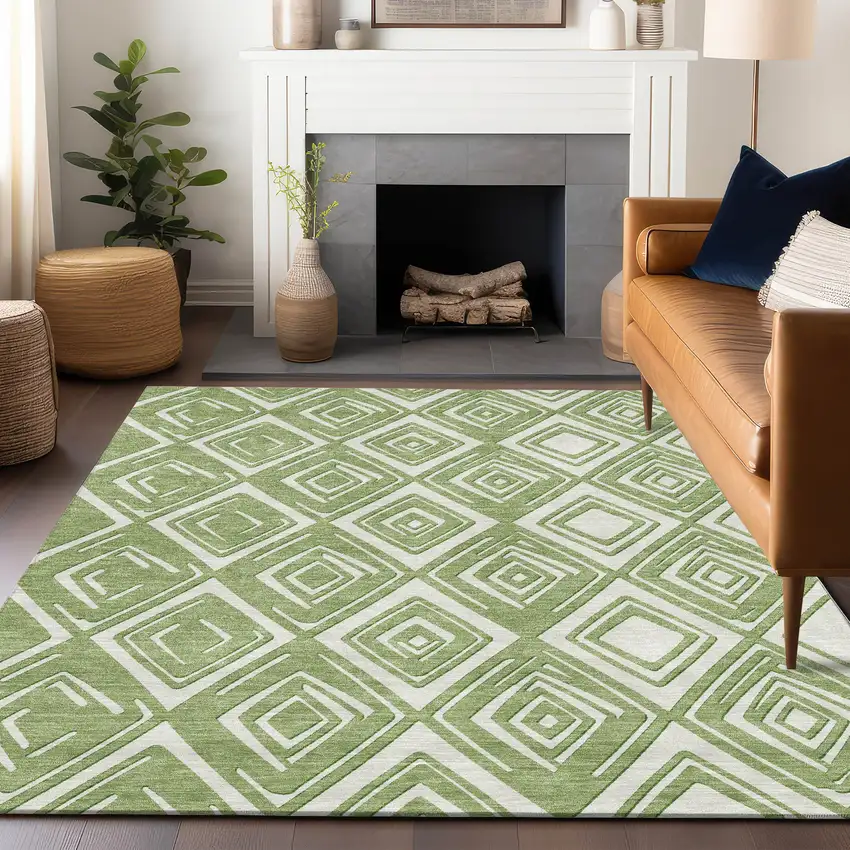 Green And Ivory Geometric Washable Indoor Outdoor Area Rug Photo 9