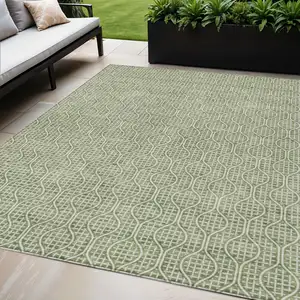 Photo of Green And Ivory Geometric Washable Indoor Outdoor Area Rug
