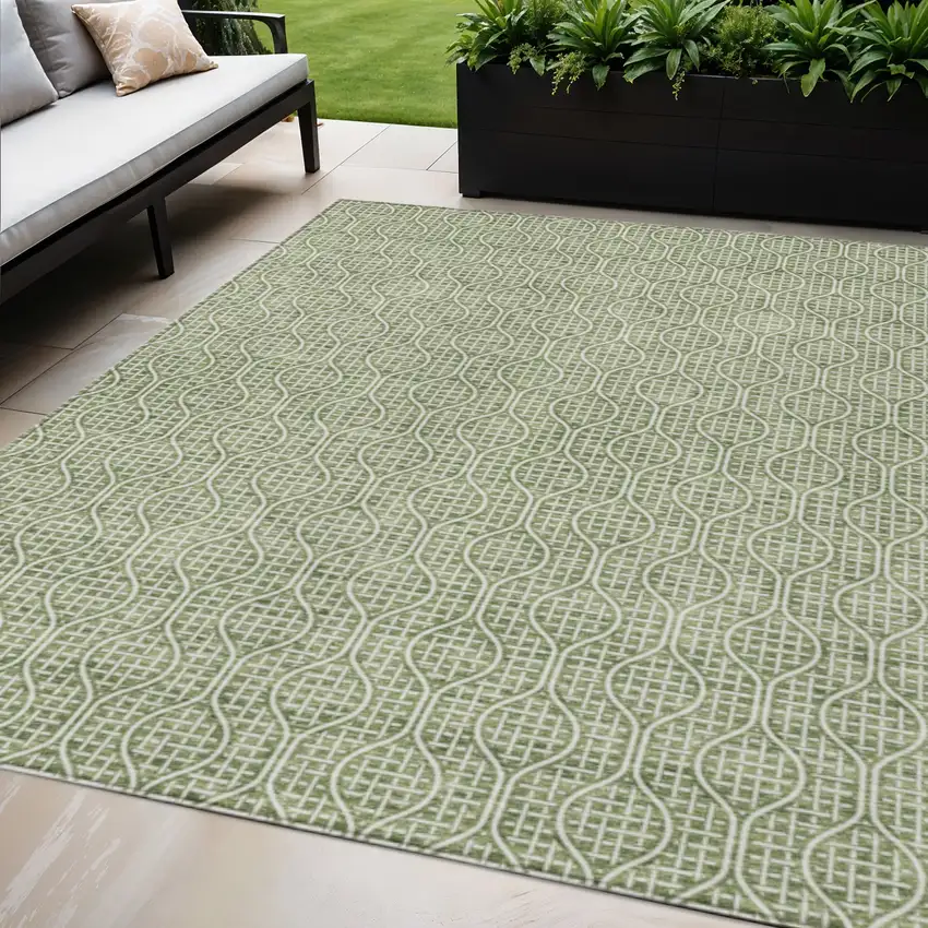 Green And Ivory Geometric Washable Indoor Outdoor Area Rug Photo 1