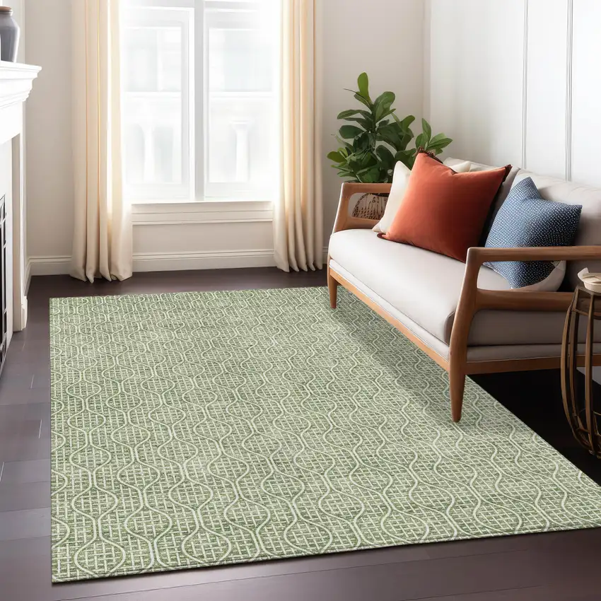 Green And Ivory Geometric Washable Indoor Outdoor Area Rug Photo 9