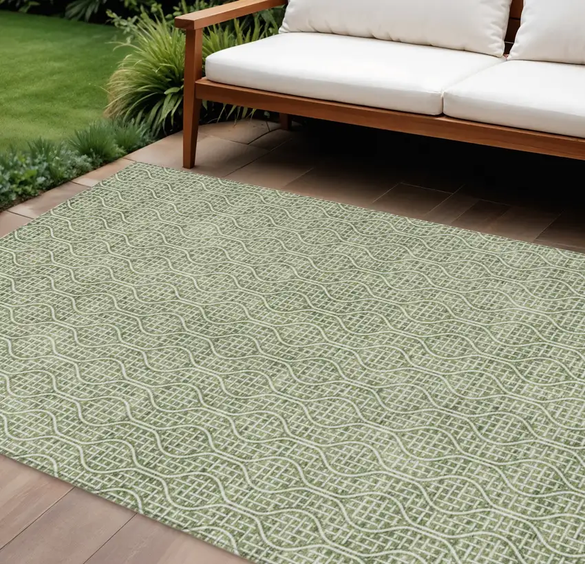 Green And Ivory Geometric Washable Indoor Outdoor Area Rug Photo 1