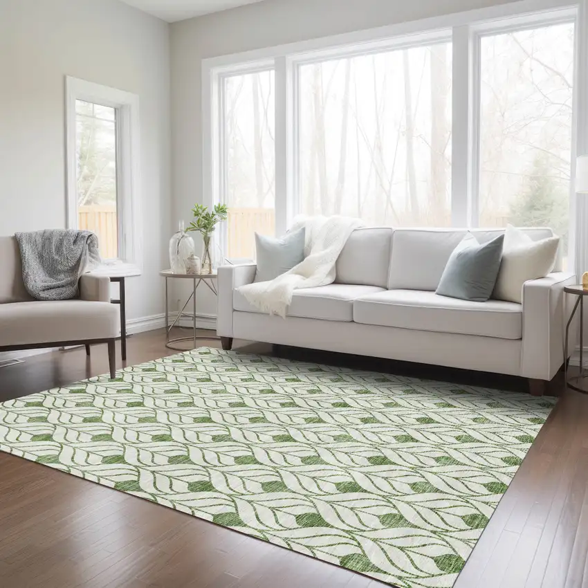 Green And Ivory Geometric Washable Indoor Outdoor Area Rug Photo 9