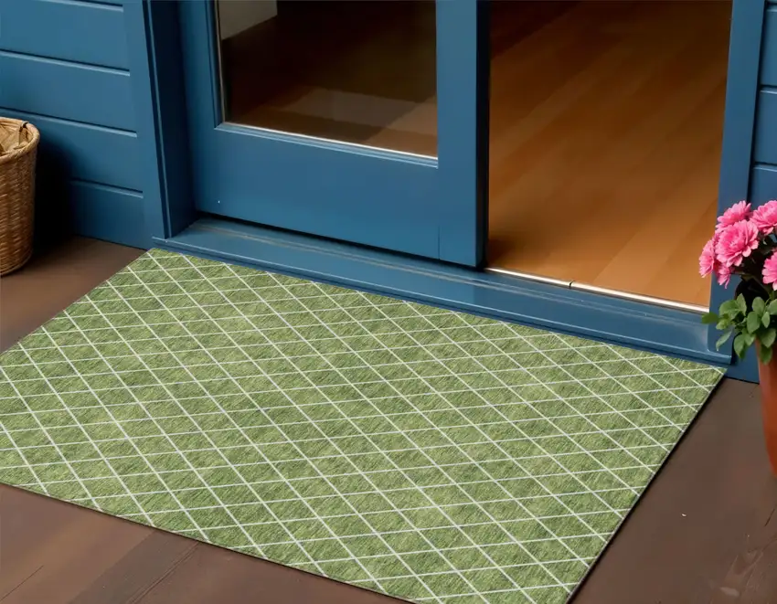 Green And Ivory Geometric Washable Indoor Outdoor Area Rug Photo 1