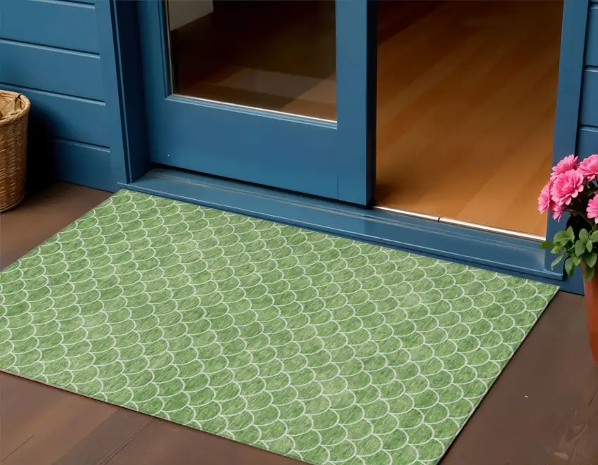 Green And Ivory Geometric Washable Indoor Outdoor Area Rug Photo 1